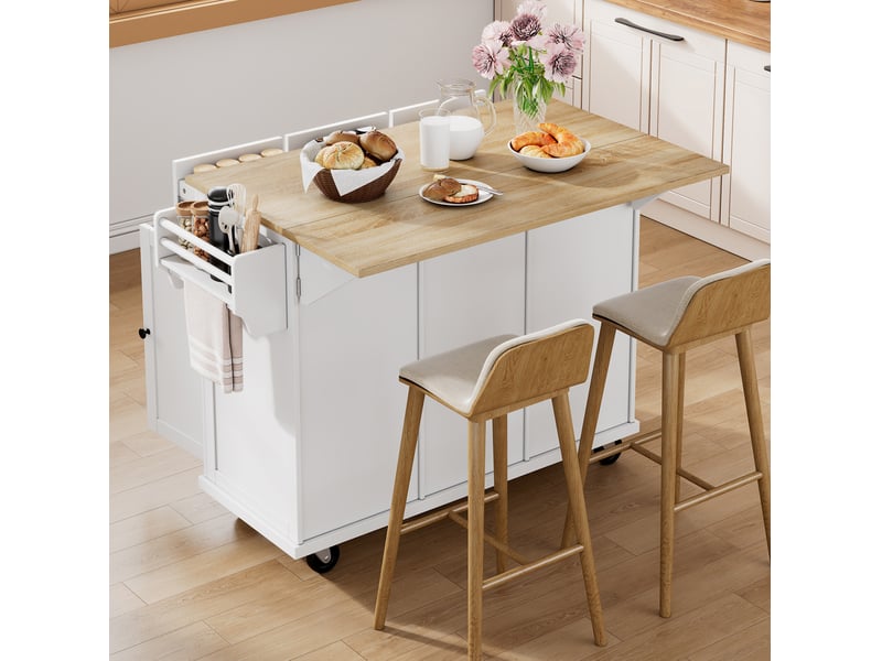  Îlot de cuisine mobile extensible 112x46,2-76,2x92,7 cm, blanc et naturel, avec compartiment poubelle, tiroirs, roulettes et portes, en mdf  - Conforama D