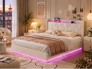Lit coffre 160x200 cm avec tête de lit - leds - tissu capitonné blanc - sommier à lattes et espace de rangement