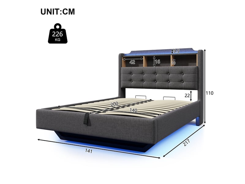  Lit capitonné, 140 × 200 cm, avec bande lumineuse led, rangement hydraulique, compartiments de rangement, design suspendu, matelas non inclus, ports usb et type-c, revêtement en lin, gris  - Conforama C