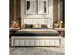 Dreammespace lit coffre 180x200 cm - lit king size avec grand rangement hydraulique et sommier, velours lignes dorées blanc crème