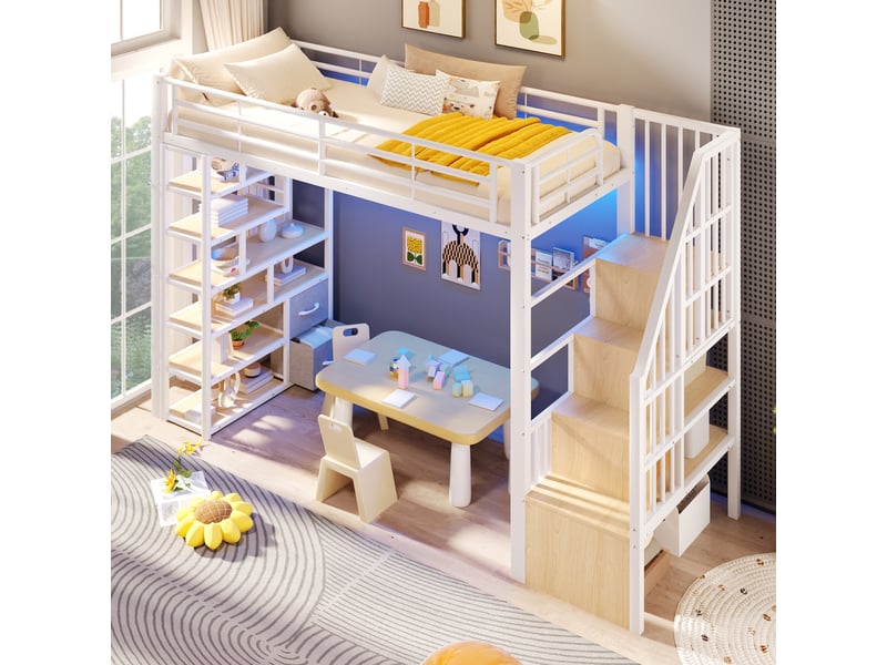  Lit surélevé 90 x 200 cm blanc, tiroirs en tissu, marches intégrées, garde-corps, led, rangement sous lit, sans matelas  - Conforama E