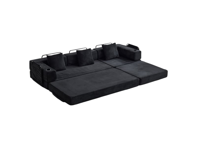  Canapé de sol convertible en lit, coussins, accoudoirs, velours côtelé noir  - Conforama E