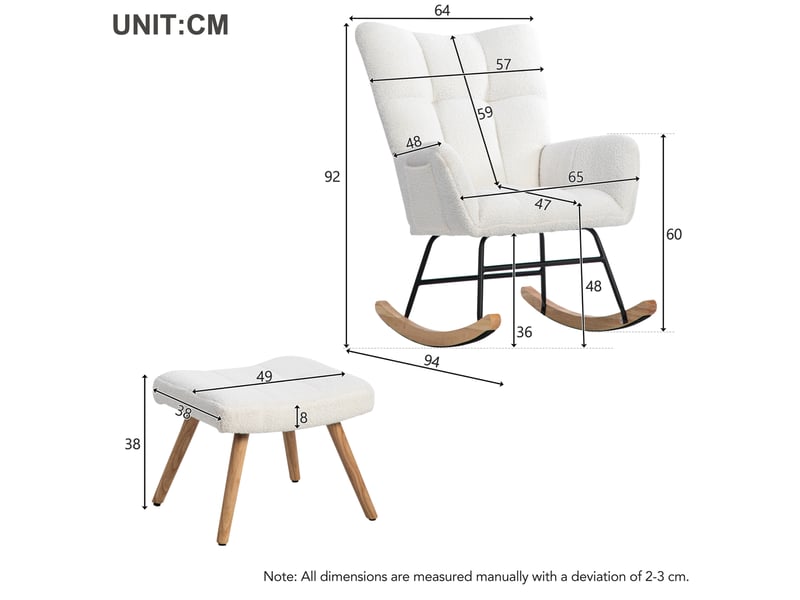  Fauteuil à bascule avec pouf réglable, assise rembourrée et structure en bois d’hévéa, en tissu bouclette blanc  - Conforama D