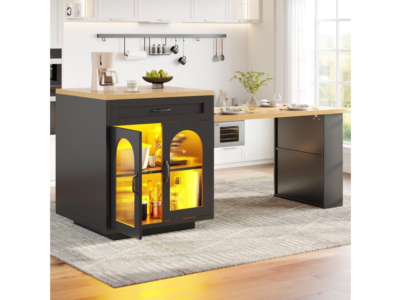  Îlot de cuisine extensible 126–196 cm avec éclairage led rgb, 2 tiroirs, étagère réglable, portes en verre cannelé, finition imitation bois 100 - Conforama E