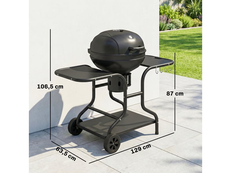  Barbecue fumoir à charbon de bois avec tablettes latérales, couvercle, thermomètre et roulettes, 129 x 63,5 x 106,5 cm  - Conforama E
