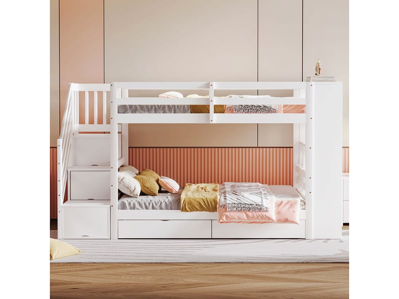  Lit superposé enfant 90x200 cm blanc, escalier avec rangements, tiroirs et barrières hautes Fay Lum - Conforama E