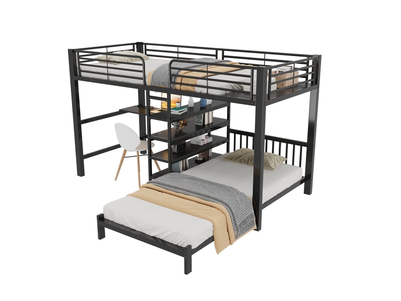  Lit superposé tcqpz 2 couchages 90 x 200 cm bureau prises usb type-c métal mdf noir  - Conforama A