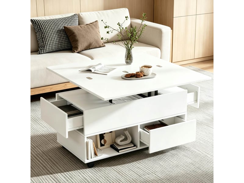  Table basse relevable hydraulique 100x50x52 cm avec 4 tiroirs et roulettes en panneaux de particules blancs  - Conforama D