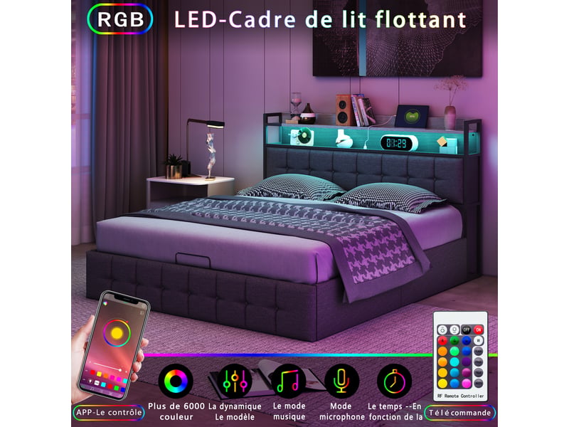  Lit coffre rembourré 160 x 200 cm avec rangement hydraulique, lit deux places, tête de lit avec éclairage led et port usb, cadre de lit pour adulte, revêtement en tissu effet lin, gris foncé, matelas … 240719HGY0102#ADHW6XHWkFFRHF - Conforama E