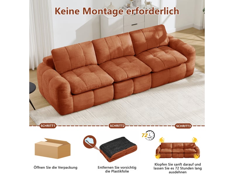  Canapé modulaire 3 places sans cadre avec assise ergonomique - lpospi - coussins épais, chenille orange, 264 × 97 × 68 cm  - Conforama E
