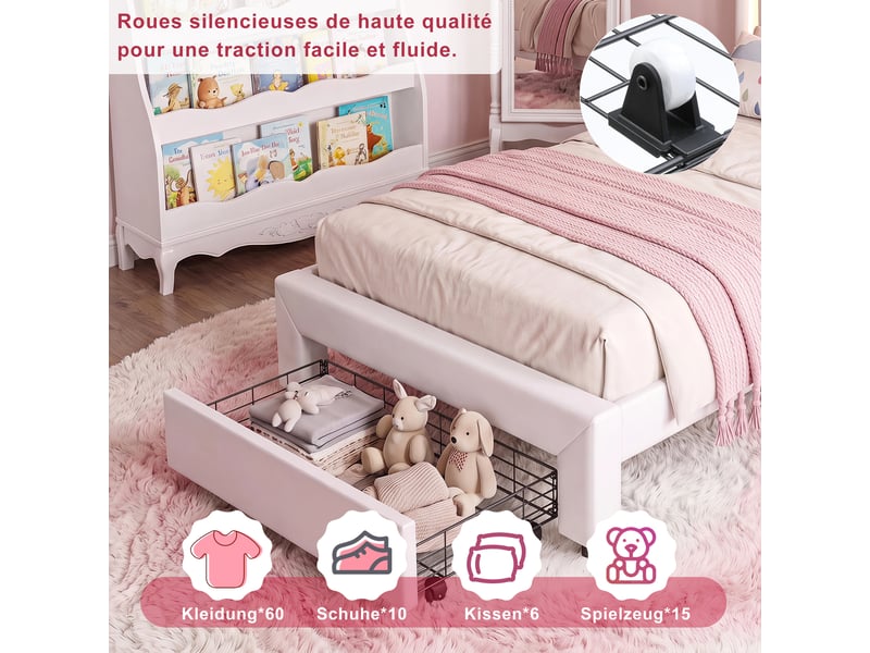  Lit enfant 90 x 200 cm avec tiroirs - cadre de lit avec tête de lit réglable - led - lit simple filles avec sommier - en cuir pu  - Conforama C