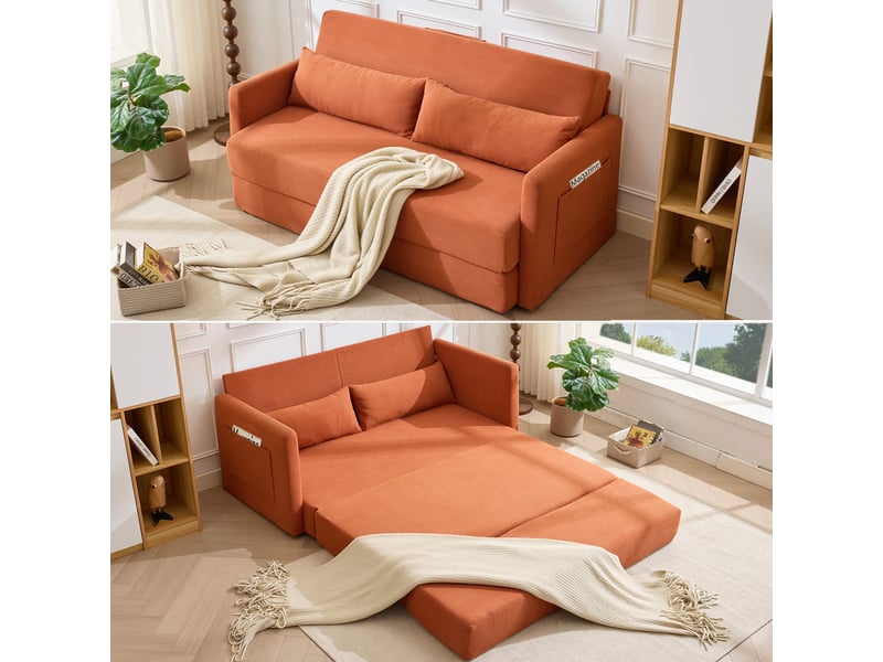  Canapé convertible 2 places orange, canapé-lit extensible en tissu côtelé avec coussins lombaires et pochettes magazines pour salon  - Conforama B