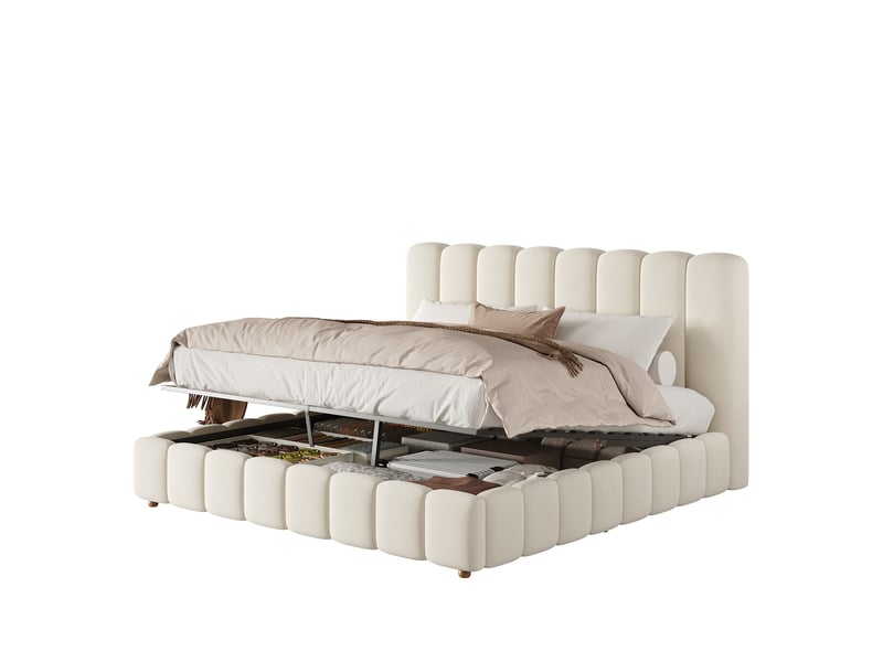 Lit double 160 × 200 cm avec coffre hydraulique, sommier à lattes et tête de lit en velours beige pour chambre - Conforama A
