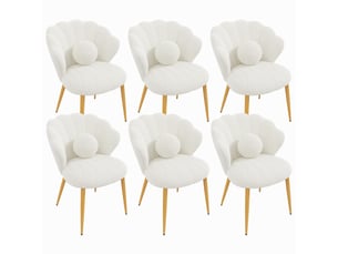 Lot de 6 chaises de salle à manger 60x62.5x83cm, forme coquillage, dossier enveloppant, assise rembourrée, pieds métal doré, tissu bouclette, blanc