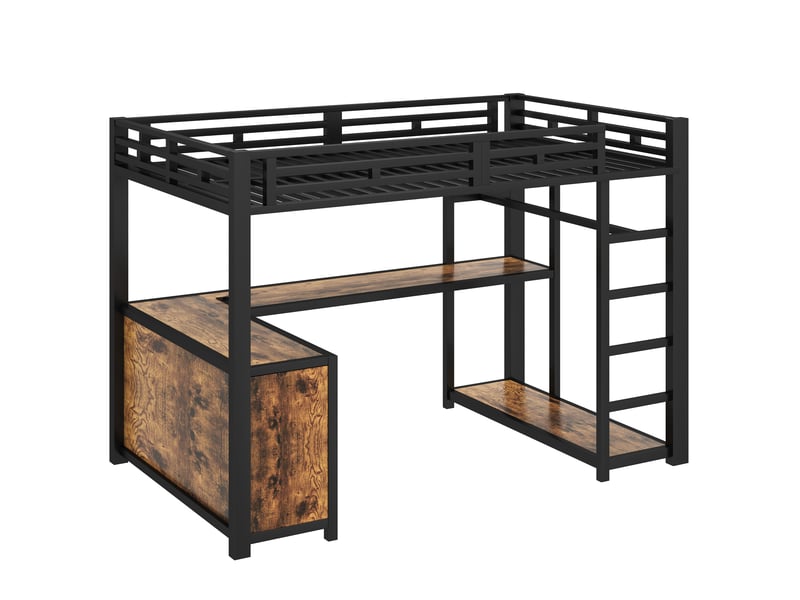 Lit mezzanine 140x200 cm noir, avec bureau, led, usb, rangements, penderie, structure métal, sommier inclus, sans matelas - Conforama E