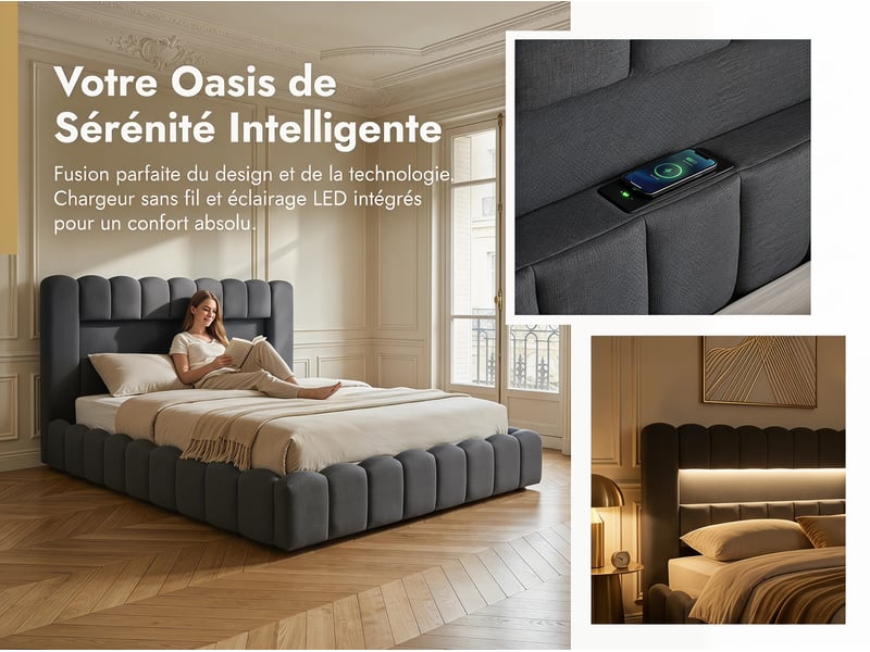  Lit coffre 180x200 cm - lit 2 places gris avec led et port usb - sommier relevable - rangement - matelas non inclus  - Conforama E