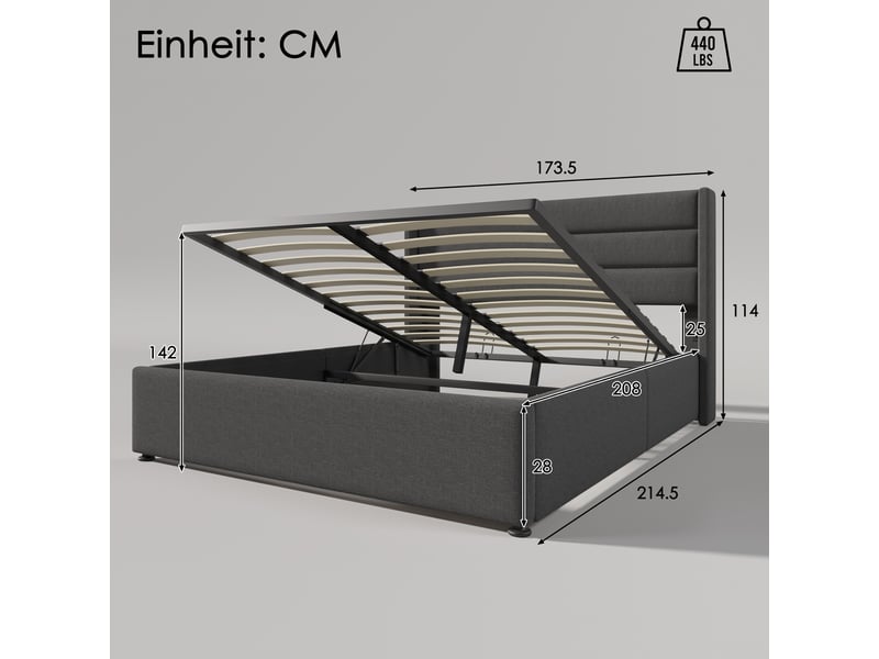  Lit coffre 160x200 cm rembourré en lin avec sommier à lattes et rangement hydraulique, gris Fay Lum - Conforama C
