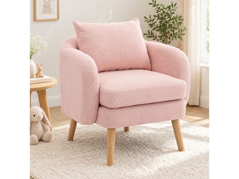  Fauteuil en velours teddy avec coussin de dossier et assise rembourrée, structure en bois, rose, 71 × 72 × 71 cm  - Conforama B