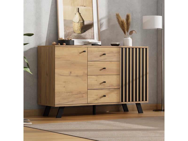  Buffet de salon, avec 2 portes, 4 tiroirs et 5 niveaux, pour salon, mdf et pieds en bois, 120 × 38 × 75 cm  - Conforama C