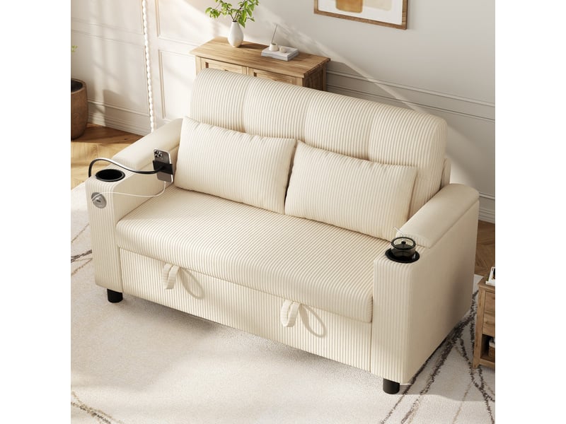  Canapé droit ,2 places,avec rangements cachés, surpiqûres boutons sur le dossier,136.5x79.5x83.6cm,beige  - Conforama D