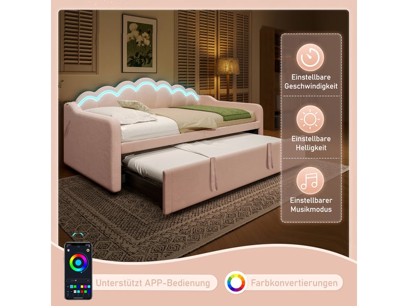 Lit de jour extensible 90x200 à 180x200 cm canapé-lit en velours rose avec bande led  - Conforama R