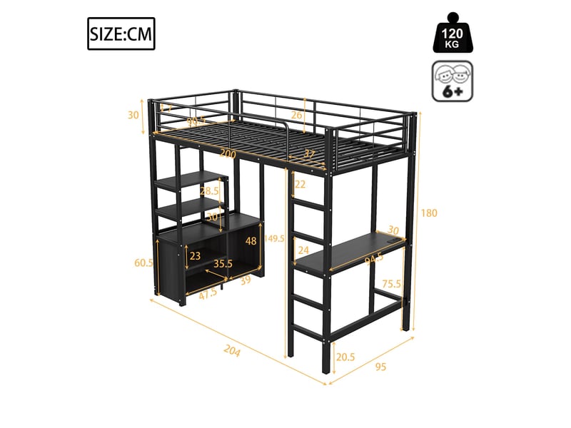  Lit mezzanine noir 90x200cm avec rangement, échelle, bureau et étagères, armoire, gain de place, durable - fer - pour enfant ado  - Conforama E