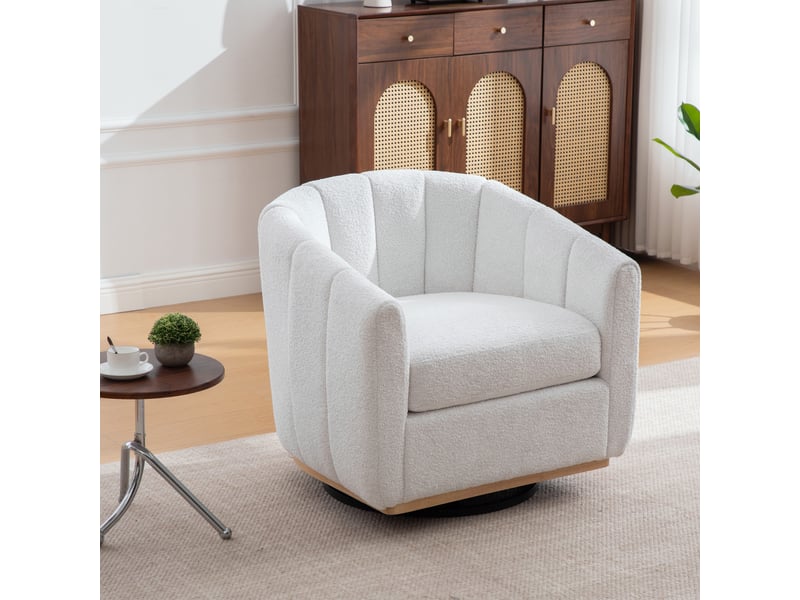 Fauteuil crapaud pivotant 360° 81x73x75.5cm – fauteuil tonneau design citrouille avec base en métal – tissu de chenille - ivoire  - Conforama E