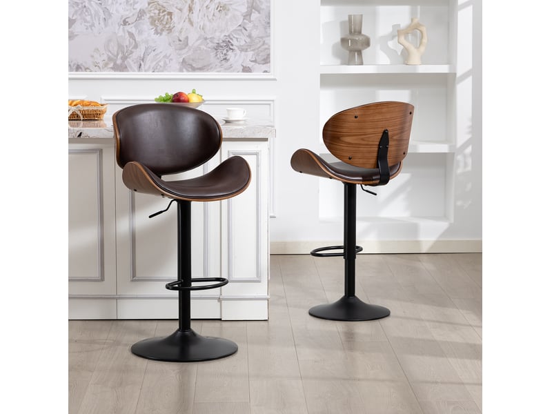  Tabouret de bar pivotant réglable en hauteur avec dossier ergonomique et repose-pieds en simili cuir marron  - Conforama C