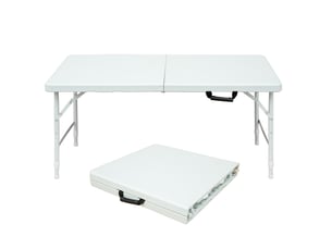 Table de camping pliante 125 x 61 cm – blanche – hauteur réglable 58 à 74 cm, poignée de transport intégrée