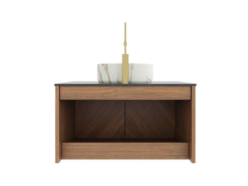 Meuble vasque suspendu 2 portes avec fermeture douce - lpospi - plan en pierre frittée, céramique blanc, chêne marron - Conforama D