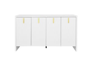 Buffet moderne blanc avec poignées dorées, rangement modulable et étagères réglables, design minimaliste
