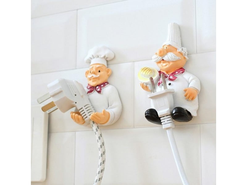  Lot de 2 crochets de prise d'alimentation mignons pour organiser la décoration murale de cook fat chef pour la maison, la cuisine, blanc  - Conforama C
