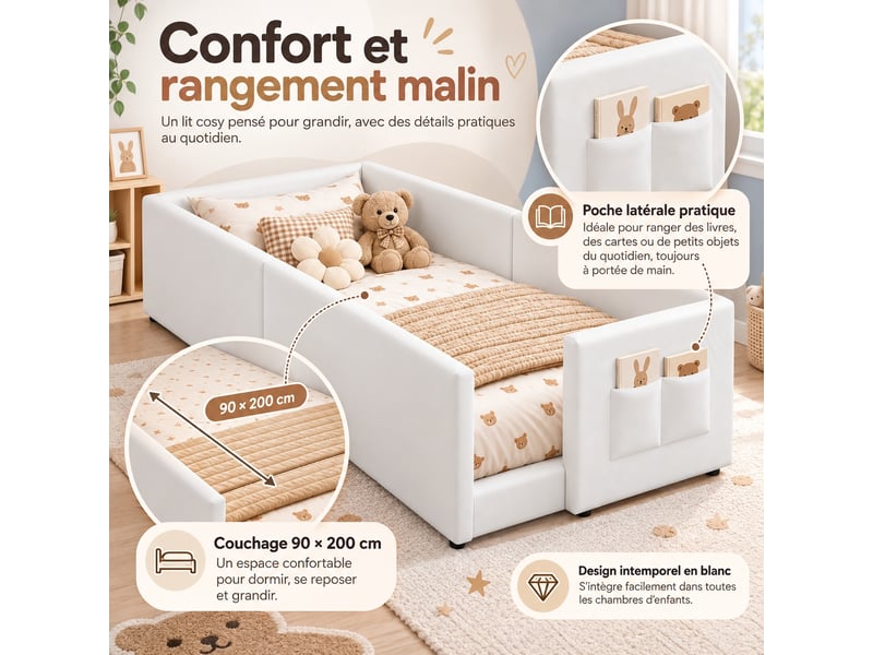  Lit enfant rembourré 90 x 200 cm avec sommier à lattes, côtés matelassés, lit d'appoint pour chambre, blanc  - Conforama E