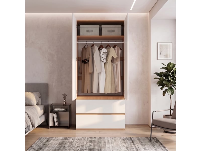  Armoire haute 90 x 50 x 200 cm, rangement supérieur, 2 portes, 1 tringle à vêtements, 2 tiroirs, chêneblanc Bliss Lite - Conforama E