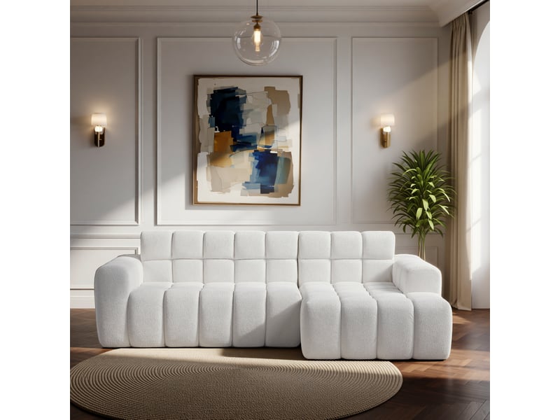 Canapé d'angle ulevr modulable en velours texturé blanc, 249,94 cm, configuration libre avec méridienne - Conforama B