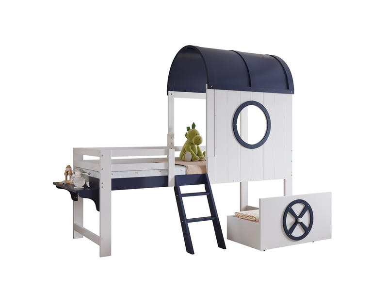  Lit mezzanine 90x200 cm, lit enfant cabane avec tiroir et échelle, en bois, blanc et bleu, sans matelas  - Conforama A