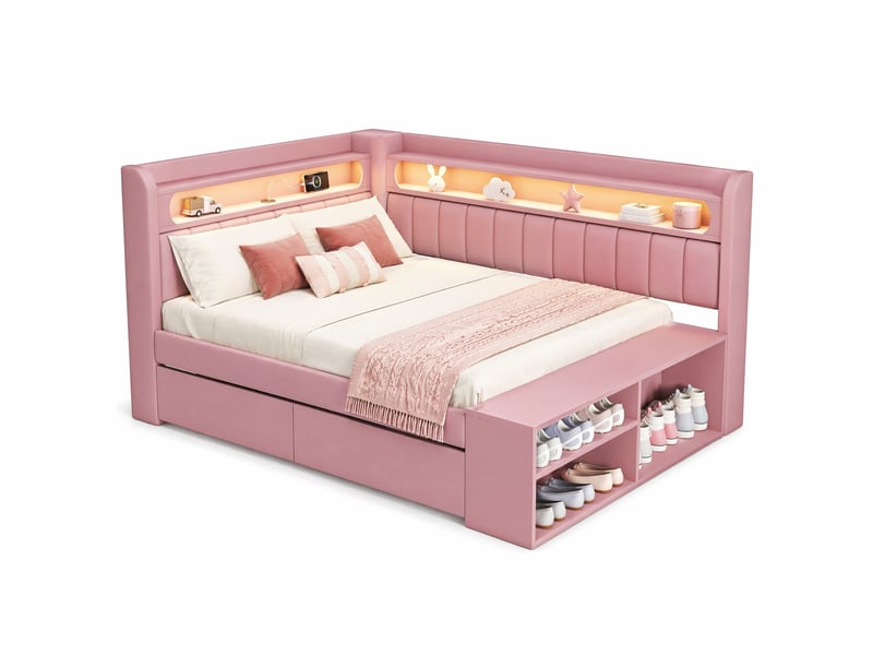  Lit simple 90x200 cm avec led et port usb, 2 tiroirs en mdf, contreplaqué et lin rose  - Conforama A