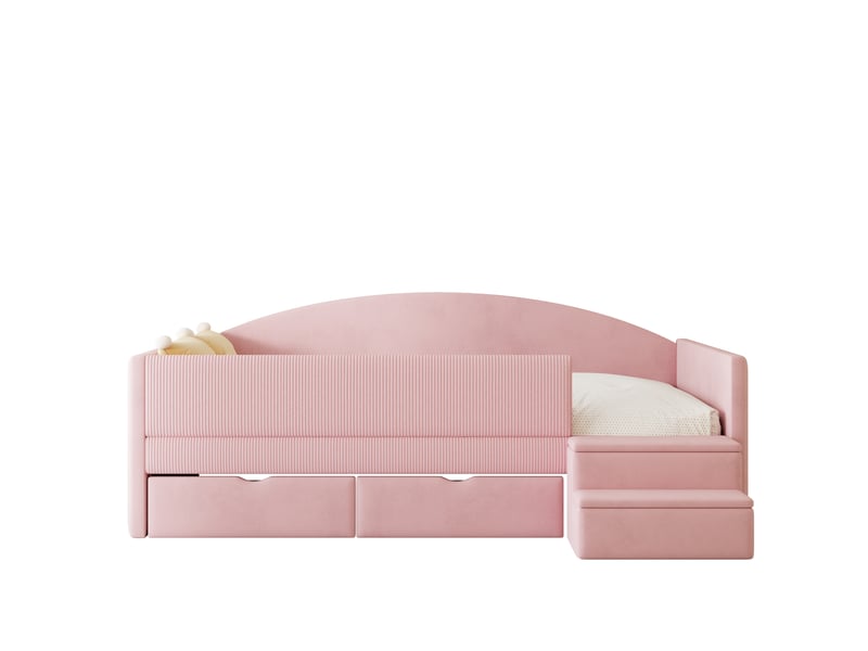  Lit banquette enfant 90 x 190 cm rose en velours doux avec 2 tiroirs, barrières rembourrées, marches antidérapantes, sommier à lattes  - Conforama E