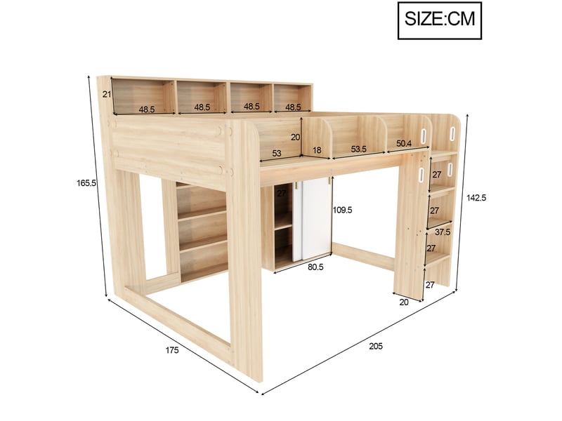 Lit mezzanine enfant 140x200 cm bois naturel, armoire, penderie, rangements et led intégrées IKSETERA TRADING LTD - Conforama C