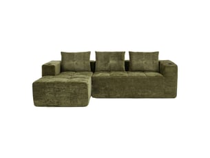 Canapé d'angle l 258 cm compressé, 3 coussins, vert en chenille et polyester