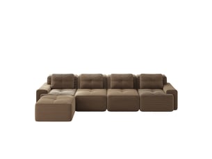 Canapé d'angle 4 places avec méridienne, tissu côtelé marron, design sans pieds antidérapant pour salon moderne