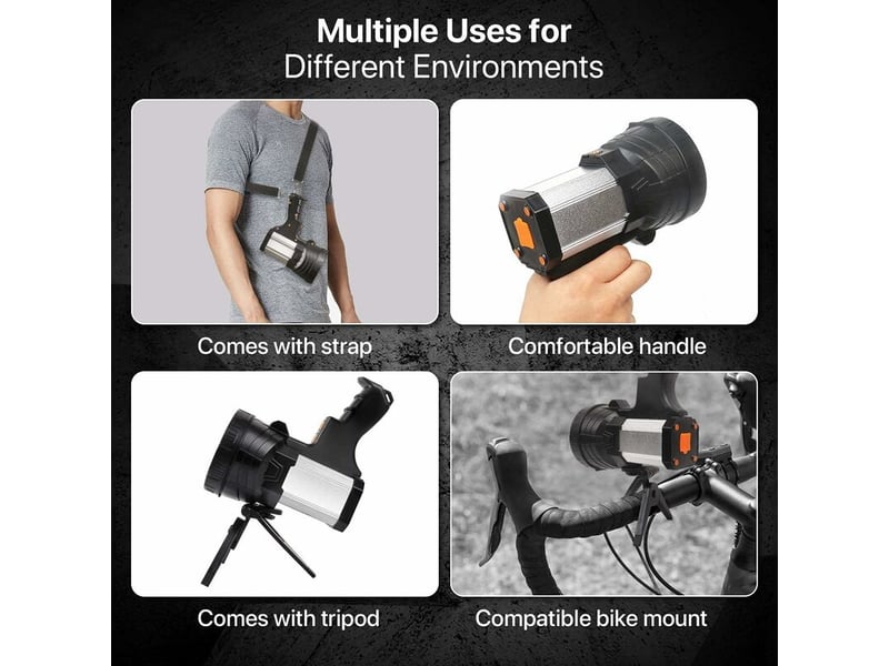 Lampe torche led puissante rechargeable usb 15000 lumens 10000 mah avec lumière latérale lampe de poche etanche haute puissance (argent) - Conforama E