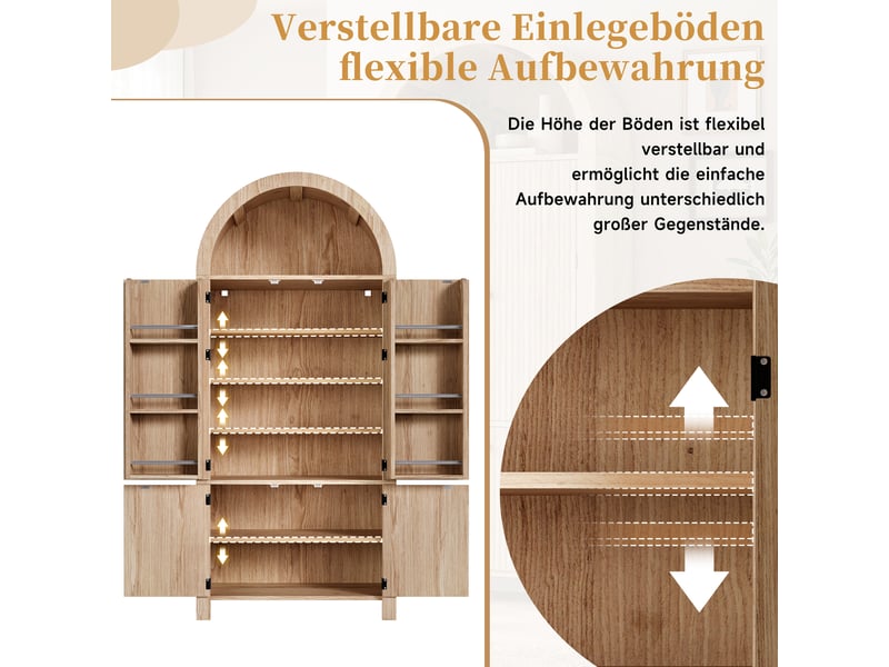 Buffet haut de cuisine 78 x 40 x 180 cm bois naturel, meuble colonne arrondi avec portes à lamelles, niche ouverte et étagères, pour cuisine - Conforama E