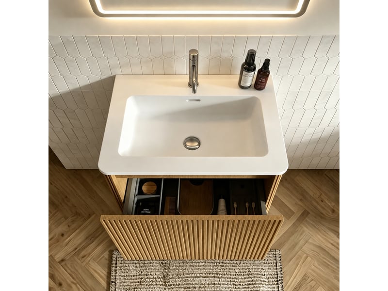  Ensemble meuble vasque suspendu 60 cm avec miroir rond led, finition chêne  - Conforama D