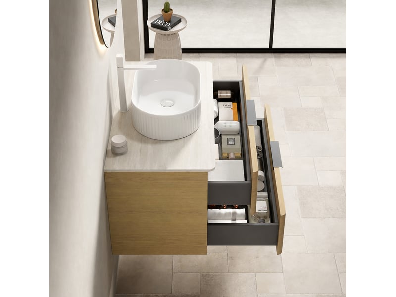  Meuble vasque suspendu 90 cm avec vasque ovale blanche en céramique, 2 tiroirs et plan effet travertin  - Conforama D