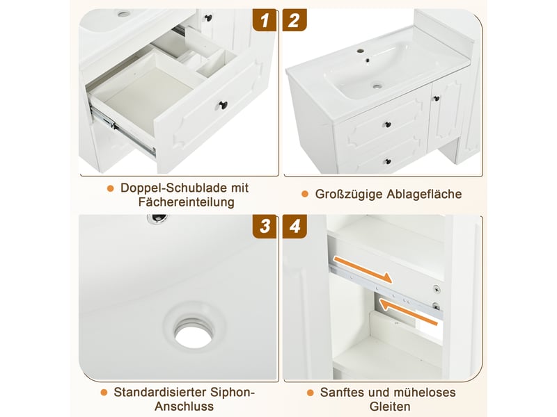  Meuble sous vasque avec 2 tiroirs, 1 porte et colonne à 3 niches pour salle de bain, 107×47,5×90,5 cm, blanc  - Conforama E