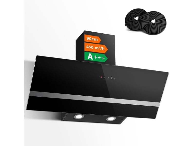  Hotte aspirante murale noire 90 cm, 450 m³h avec évacuation ou recyclage, 3 vitesses et fonction boost, commande tactile et led  - Conforama A