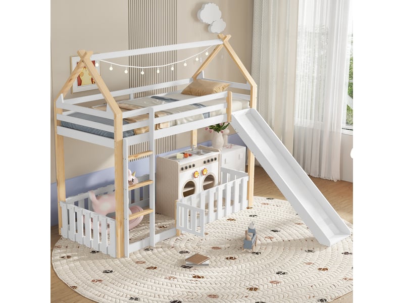  Lit mezzanine enfant avec toboggan blanc et naturel 90 x 200 cm  - Conforama B