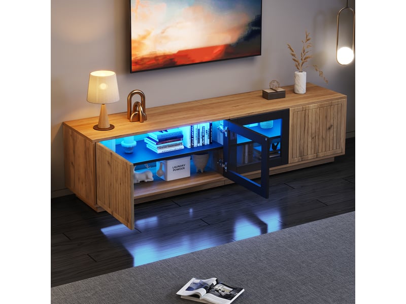 Meuble tv avec 4 portes vitrées, 3 niveaux de rangement et éclairage led pour salon, naturel et noir, 180 × 40 × 45 cm - Conforama D