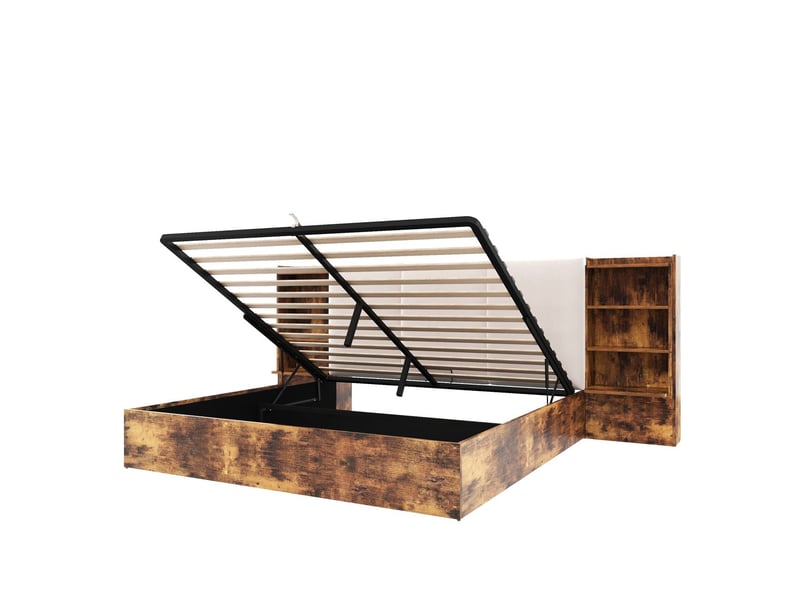  Lit coffre 180 x 200 cm éclairage led lit double 6 compartiments de rangement hydraulique tête de lit rembourrée finition marron  - Conforama E